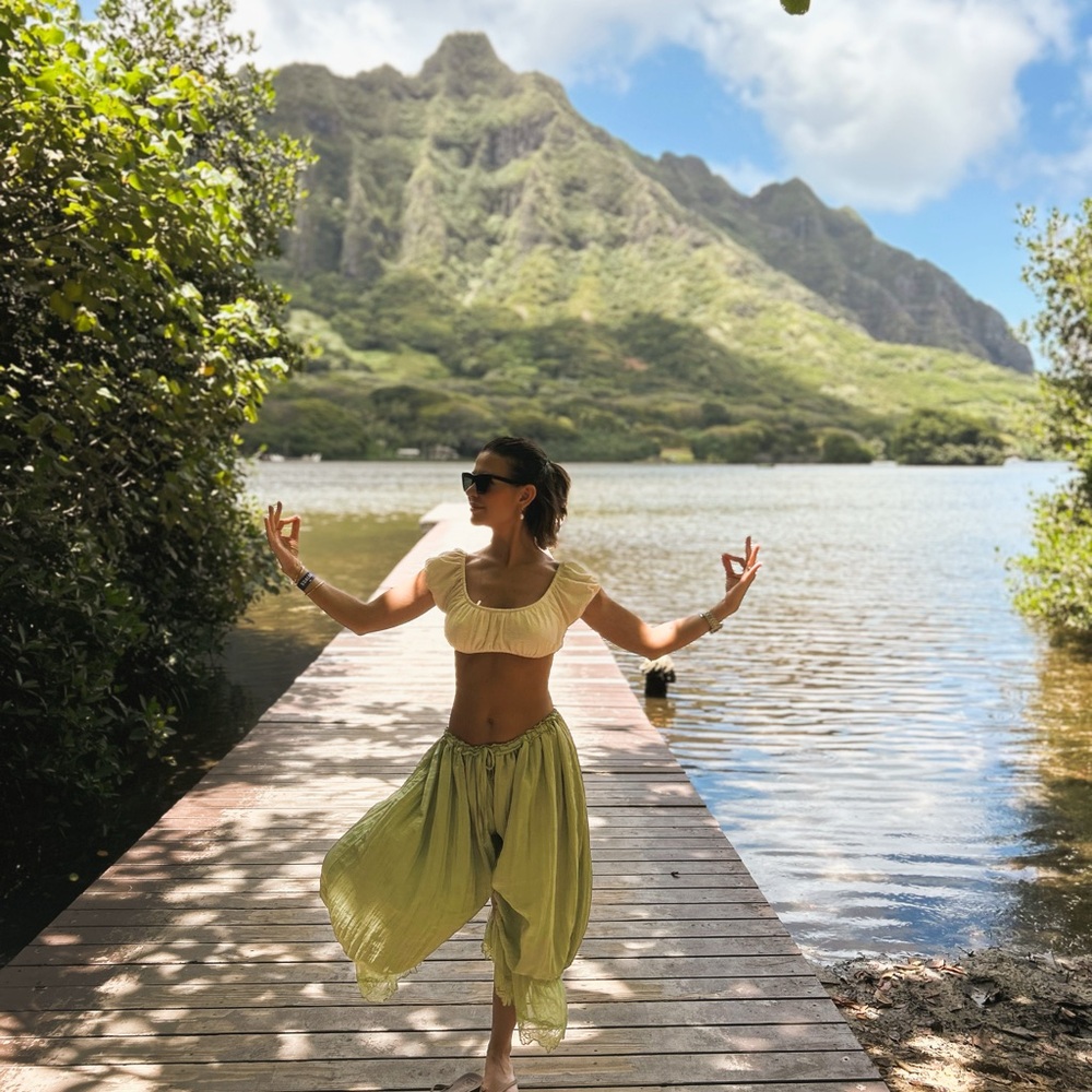 Free People Pale Yellow Crop Top & Light Green Harem Capris